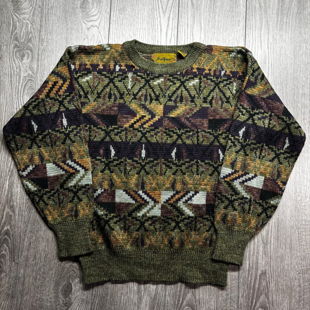 Vintage Jodhpur Mens Medium Geometric Southwestern Crewneck Sweater Green Purple